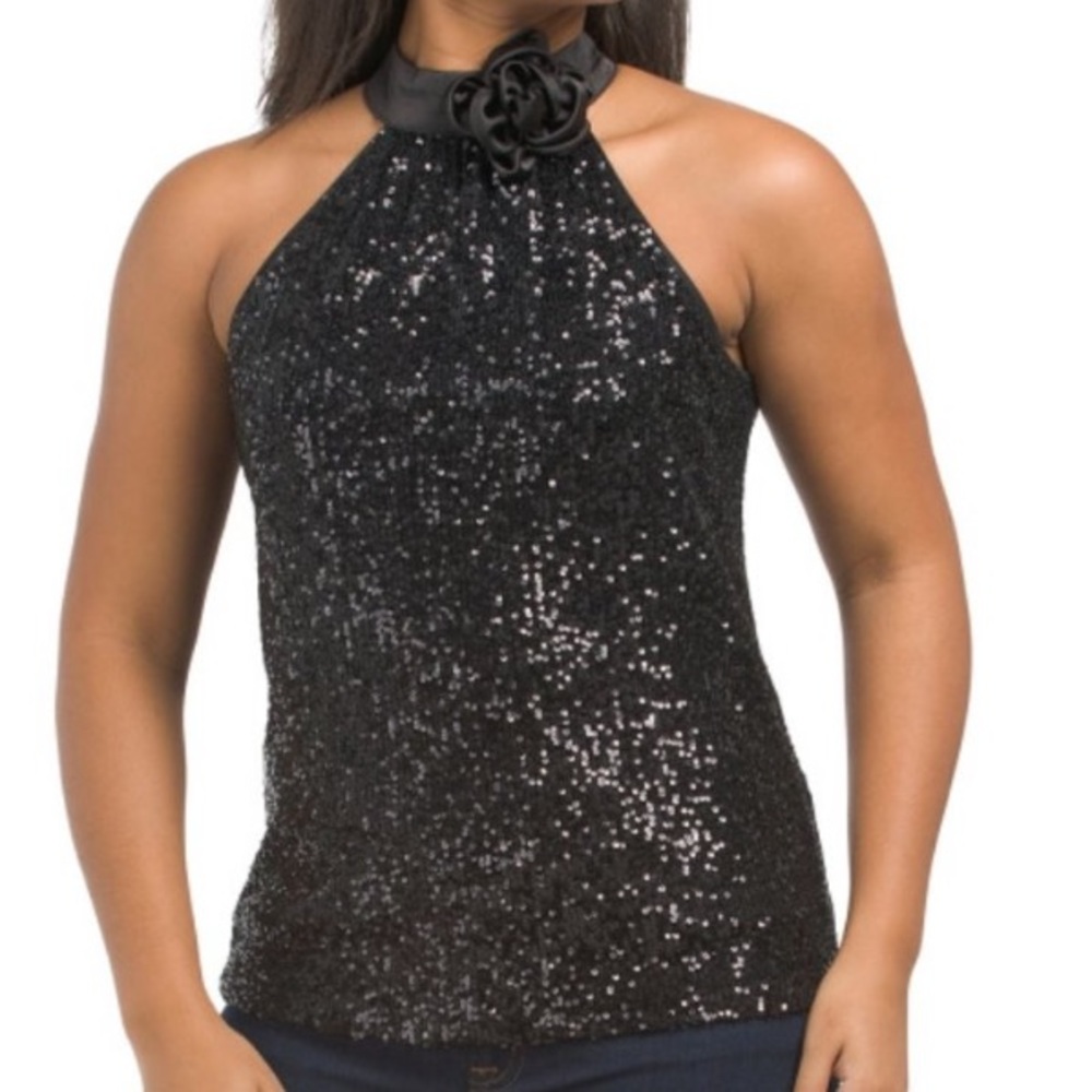 CABLE and GUAGE black sequin sleeveless top w/ satin rosette at the neck. M